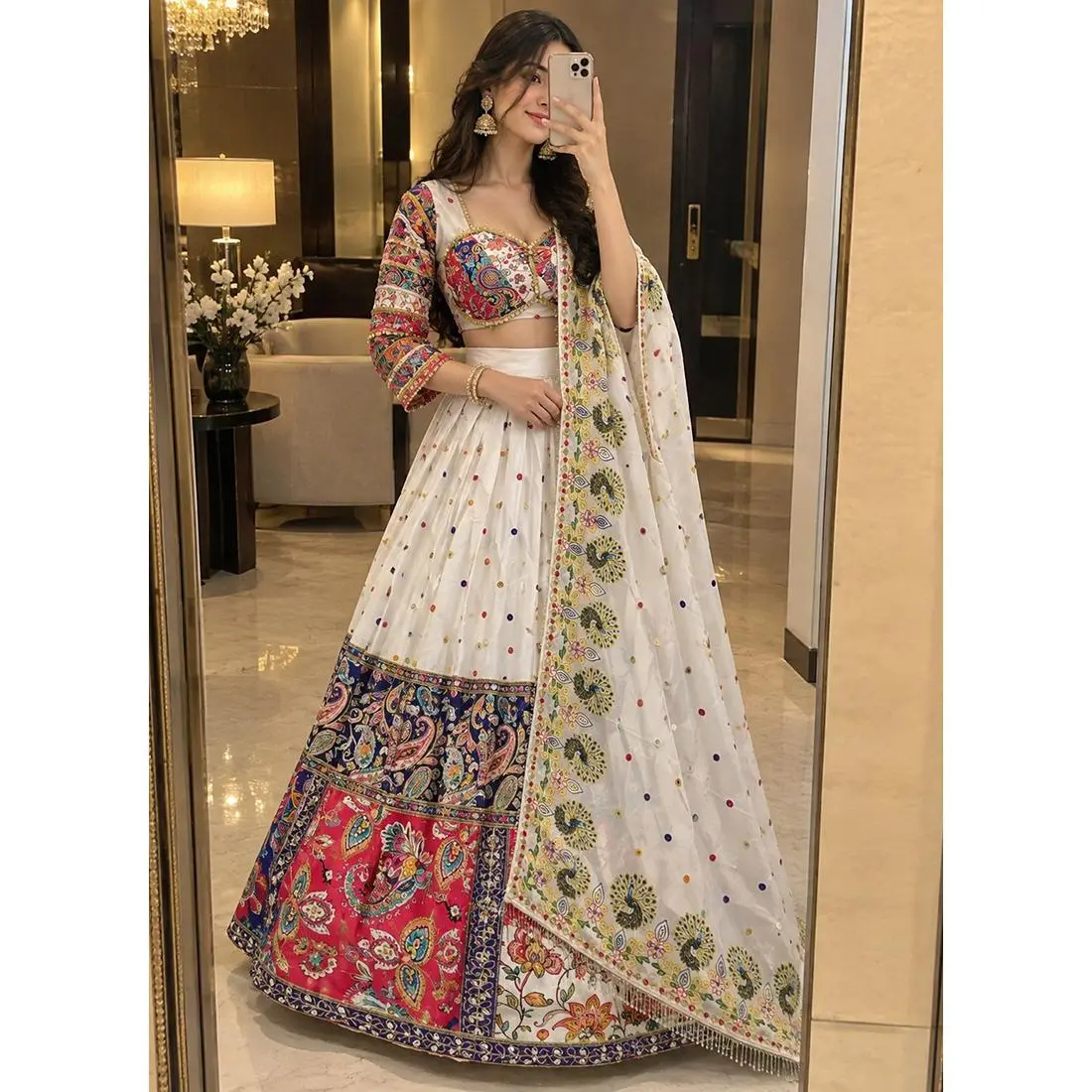 White Navratri Lehenga Choli Collection + Colorful Border