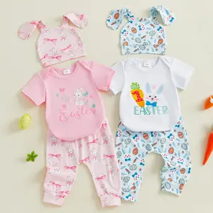 Canrulo My First Easter Baby Boy Girl Outfit Infant Short Sleeve Romper Bunny Long Pants Hat 3Pcs Easter Clothes Set