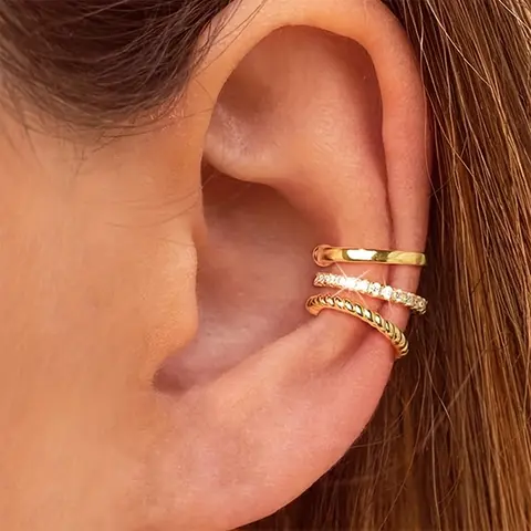 3PCS Women's Ear Clip Set Exquisite Shiny C-Shape Stud Earrings Non-Pierced Twisted Rope Cartilage Clips Inlaid Sparkling Rhinestone Studs Ear Cuff Earrings No Piercing Needed
