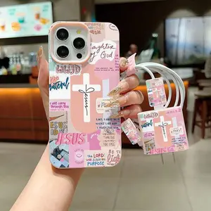 Cross Pattern Phone Case with Charger Saver & Cable Protector & Storage Rope, Anti-drop Phone Case for iPhone, Casing