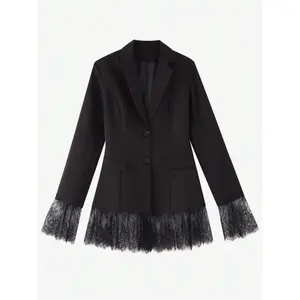 Women's Lace Trim Tailored Blazer – Solid Color Woven Fabric with Pockets, Button Waist Cinch for Office, Date Night & Formal Occasions (Spring/Autumn )