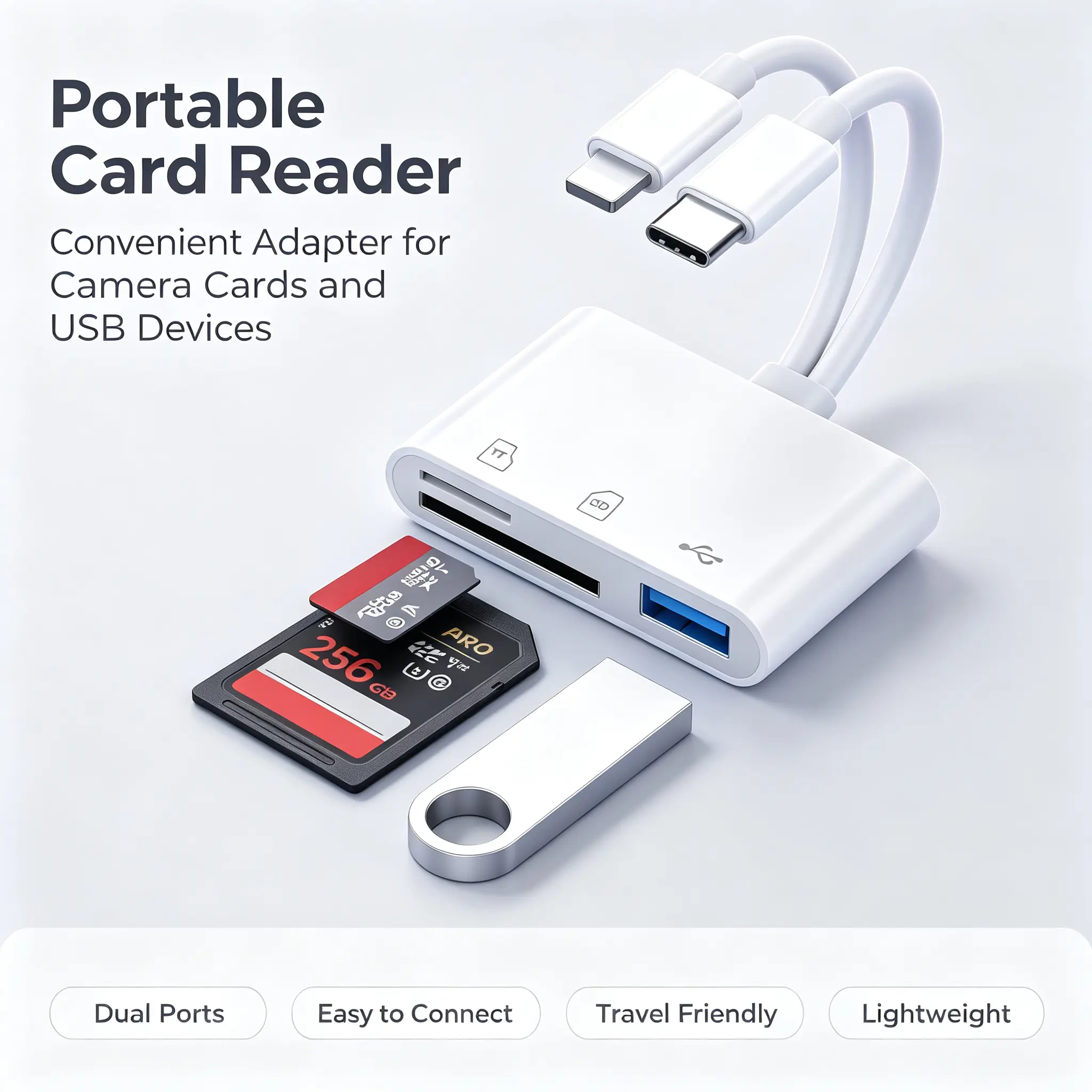 2026 New Dual Interface Memory Card Reader with Lightning & USB-C, Supports SD & Micro SD Cards, Plug-and-Play, No App Needed, Fast Photo Video Transfer Adapter for iPhone, iPad & USB-C Devices, Portable Travel Tech Accessory-Card Viewer