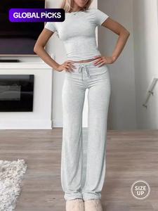women's plain crop top & drawstring waist pants loungewear set, casual minimalist comfy soft round neck short sleeve top & trousers pajamas set, ladies sleepwear for all seasons, sleepwear for women, pajama sets women, pjs  womenswear, clothes