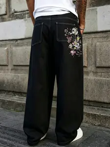 Men's American-Style Clean Fit Wide-Leg Jeans, Streetwear with Side Floral Embroidery, Draped Floor-Length Pants
