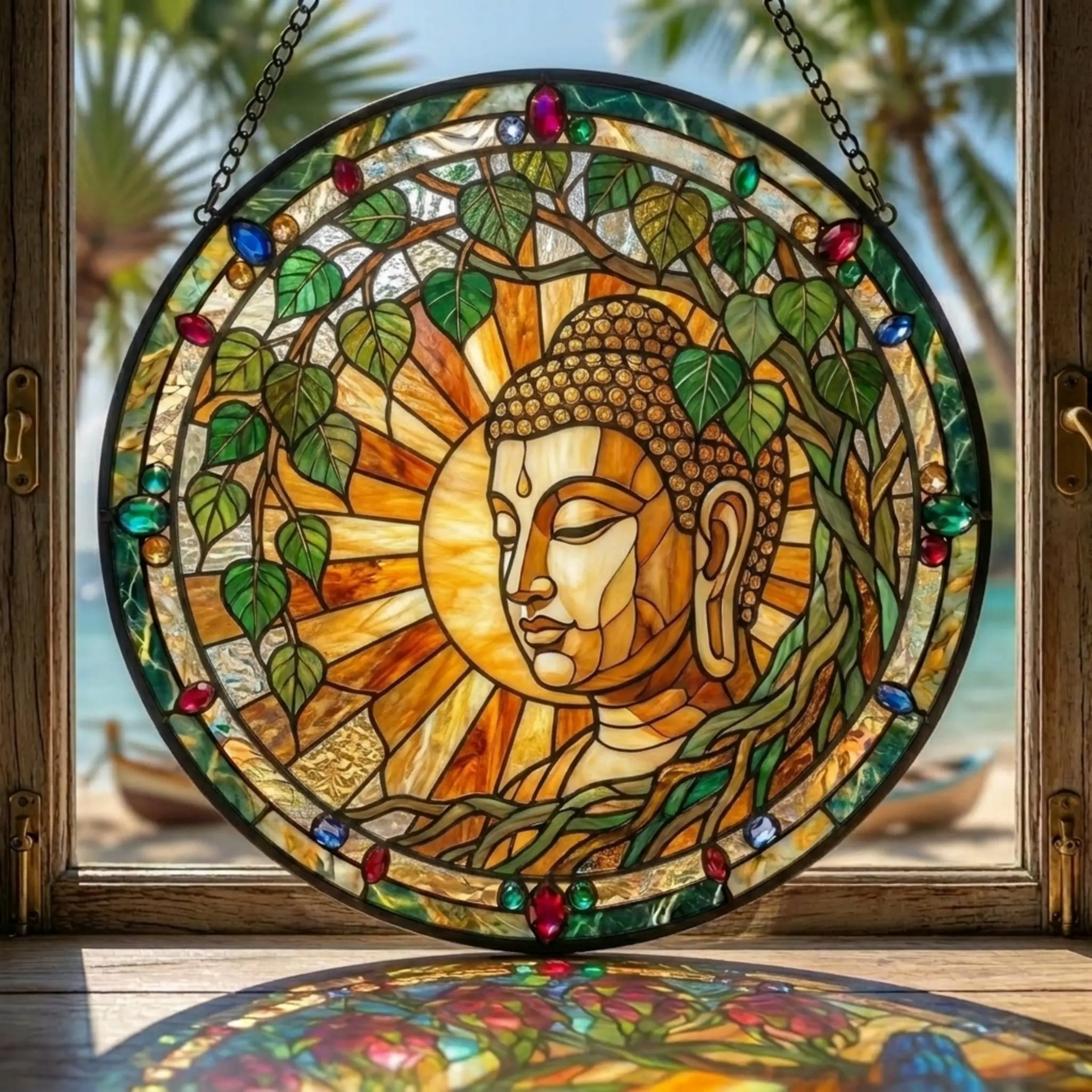 Buddha Stained Glass Suncatcher, Bodhi Tree Window Hanging, Stained Glass Buddha Panel, Meditation Zen Sun Catcher.