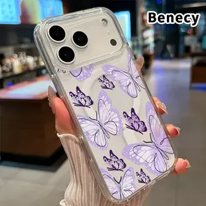 Magnetic Soft Case for iPhone 17 16  Pro Max Plus 15 14 13 12 11 Air E Elegant Purple Butterfly Pattern Anti-Yellowing Shockproof ultra-thin Silicone Crystal Transparent Acrylic Large Hole Cover Supports Wireless Charging