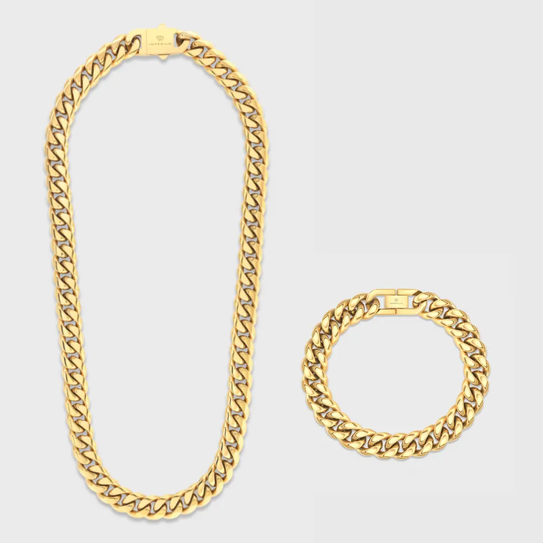 IMPERIUM JEWELRY Men's 12mm Cuban Link Necklace & Bracelet Set, Classic 18 Karat Gold Bonded Bold Statement Jewelry