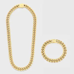 Cuban Link Chain + Bracelet 14K Gold Plated - 12mm