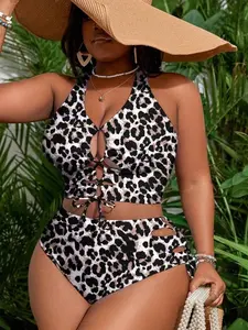 Plus Size Leopard Print Bikini Set, Sexy Party Look, Summer Swimwear