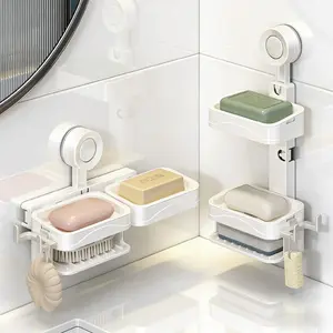 Soap Dish Holder for Shower Suction Cup Wall Mounted Self Draining NO Drilling Removable Bar Soap Sponge Holder for Bathroom Bathtub Kitchen Sink Waterproof Strong Vacuum Suction Adhesion Installation Set 2 Layer Design Drawer Shelf Stainless