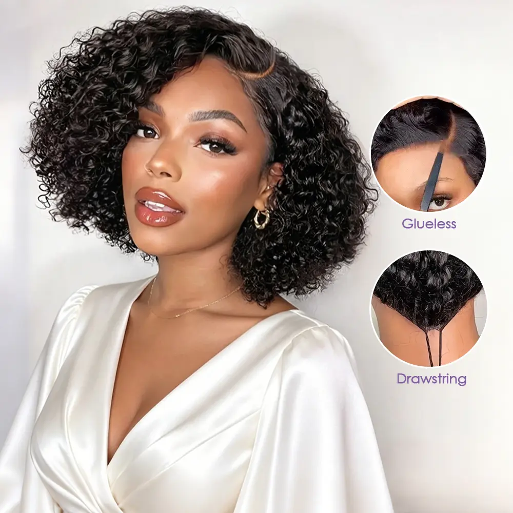 300 Density Pre Everything Curly Bob Wig Human Hair Drawstring Glueless HD Lace 300% Density Popping Curly Glueless HD Lace Front Wig Pre  main image 2