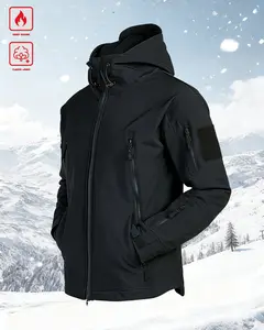 Outdoor Tactical Multi-Pocket Softshell Fleece Jacket for Men and Women Autumn Winter Windproof Waterproof Thick Warm Hooded Coat Sharkskin Mountaineering Softshell Jacket with Elastic Rope Design Suitable for Outdoor Sports Hiking Camping