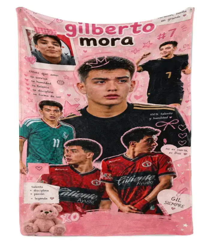 Gilberto Mora Mexico Soccer Pink Collage Flannel Blanket, Cute Football Fan Throw Blanket, Cozy Room Decor Gift