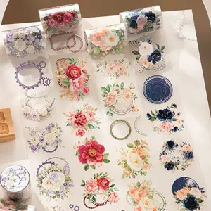 Floral Melody Flower Patchwork Die-Cut Tape Roll, Handmade Decorative Material, Transparent Pet, 200cm/roll, Ideal for Scrapbooking