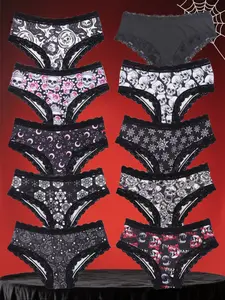 Morvia 10pcs Sexy Cute Gothic Halloween Contrast Lace Hipster Panties, Allover Print Comfy Intimates Printed Panties Briefs, Women's Underwear & Lingerie