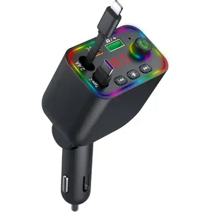 FM Transmitter ,5 in 1 Retractable Car Charger, Wireless Bluetooth 5.3 FM Transmitter 100W USB C 4 in 1 Fast Car Charger Adapter,iPhone 16 Fast Charging-for iPhone 16 15 14 13 12 Android