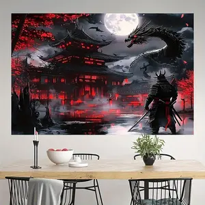 A Japanese wall tapestry depicting a scene of samurais and dragons, made of polyester fabric, presenting a medieval fantasy night scene with red and black moonlight, is highly suitable for home decoration.