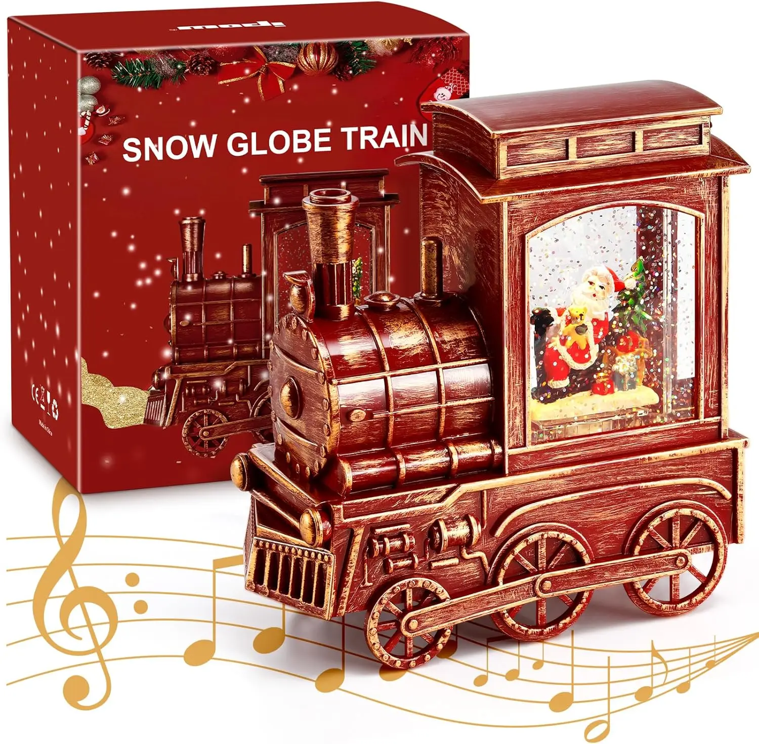IPOW Christmas Santa Globe Lantern Train with Water Swirling Glitter, Musical and Lighted 6 Hours Timer USB Powered & Battery Operated Music Box for Christmas Home Decoration Gift Retro Ornaments