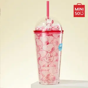 [Holiday Special]MINISO Snoopy Collection Double Wall Plastic Cup with Straw (600mL / 20oz) - Pink, Birthday Gifts, Halloween Gifts, School Gifts,cozyvibes