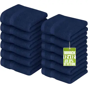 12 Pack Premium Wash Cloths Set, 12 by 12 Inches, 100% Cotton Ring Spun, Highly Absorbent and Soft Feel Essential Washcloths for Bathroom, Spa, Gym, and Face, Navy Blue