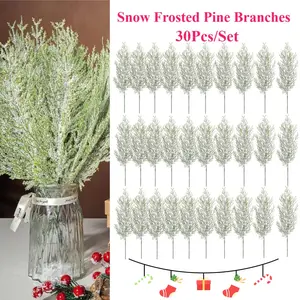30Pcs/Set Snow Frosted Pine Branches,13.5" Snowy Artificial Pine Needles Branches Twigs,Greenery Ceder Sprigs Pine Picks Stems for Christmas Wreath Home Garden Decor,DIY Hand Tools Kits