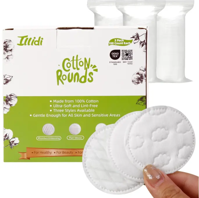 Boxed 300-Count Embossed Cotton Rounds – 3 Unique Patterns, Lint-Free, Dual-Sided, Soft & Durable, Ideal for Makeup Removal, Skincare, Nail Polish, and Baby Care