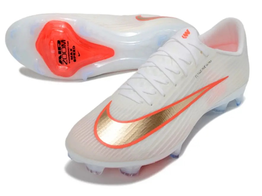 Gold Orange Swoosh Accent Off White Knit Mesh Low Cut FG Firm Ground Soccer Cleats, Lightweight Breathable Speed Cushioned Training Boots, Unisex Youth Anti-Slip Athletic Footwear for Match Grass Field Sports