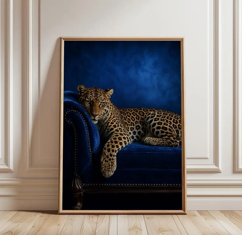 [Sale off up to 55%][Free Ship] Leopard Poster, Luxury Animal Wall Art, Moody Wildlife Print, Blue Decor, Elegant Leopard Art, Maximalist Wall Decor
