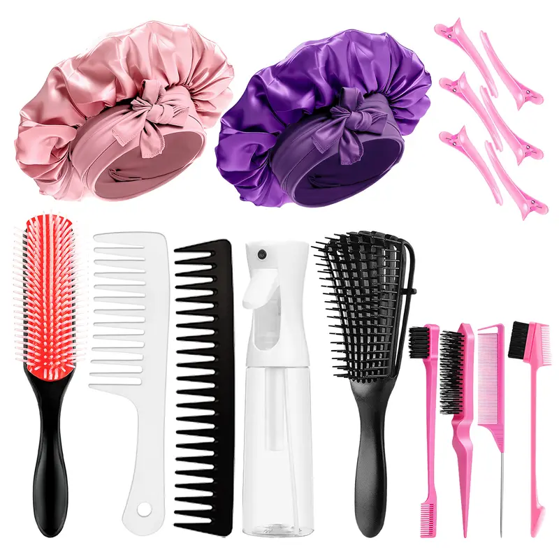 Pink Hair Brush Set 17 Counts Detangler Wide Tooth Comb Satin Bonnet Nylon Bristle Brush Edge Tool Kit for Curly Hair Styling,Haircare