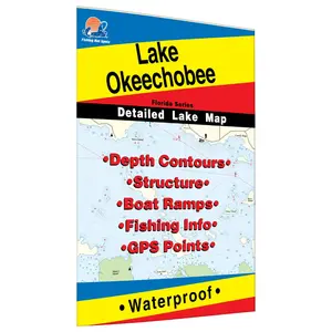 Lake Okeechobee Fishing Map - Detailed Lake Map with Depth Contours, Boat Ramps, Fishing Info, GPS Points & Waterproof Features