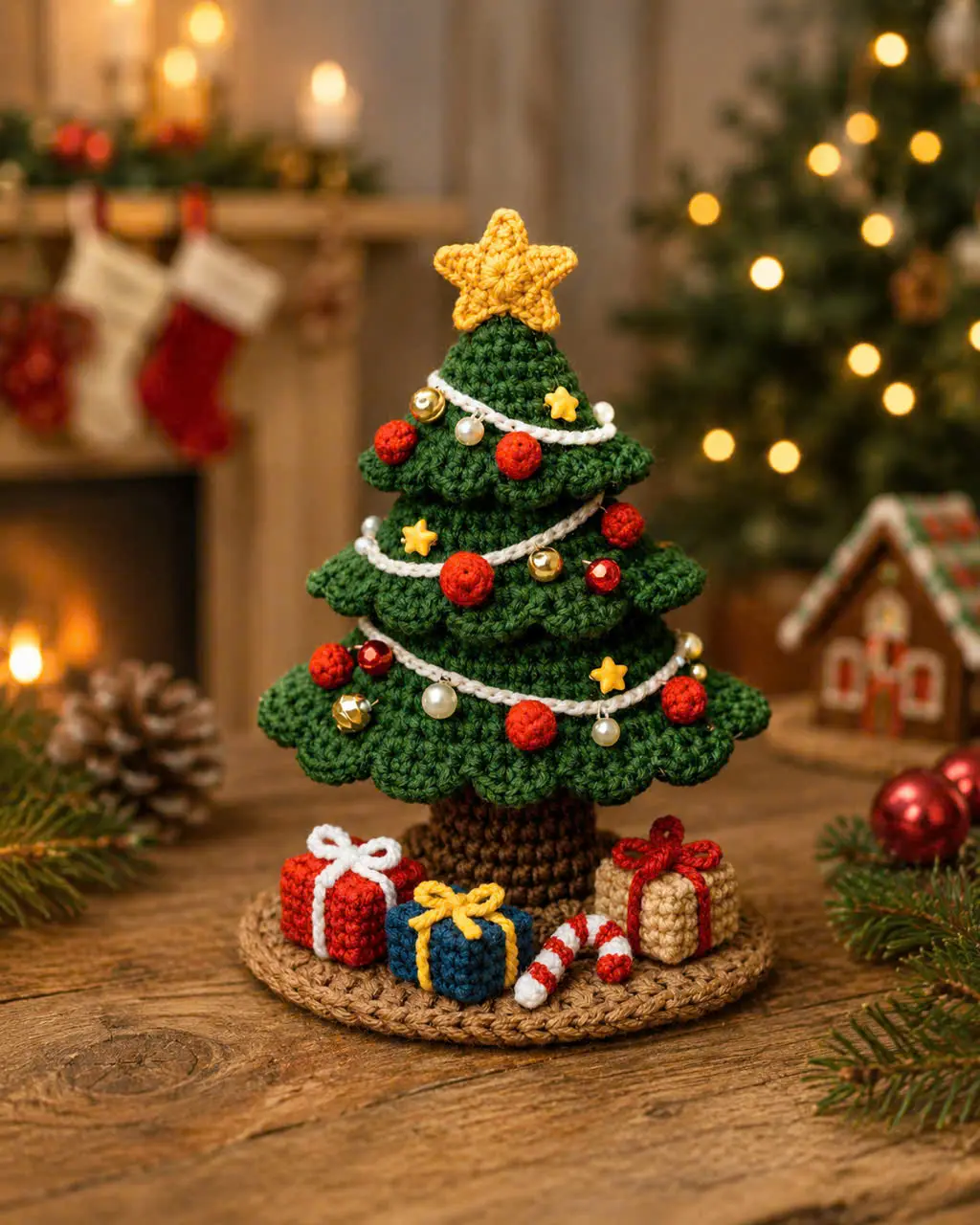 Handmade Crochet Christmas Tree, Knitted Holiday Tabletop Decor with Mini Gifts, Cute Christmas Home Decoration