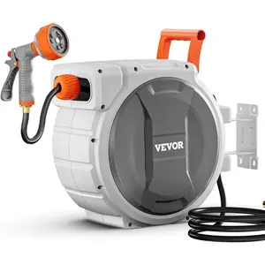 VEVOR Retractable Garden Hose Reel, 5/8 Inch x 100 ft Wall Mounted Hose Reel, Heavy Duty Garden Hose Reel with 9 Patterns Nozzle, Any Length Lock, Upgraded Slow Return System and 180 ° Swivel Bracket