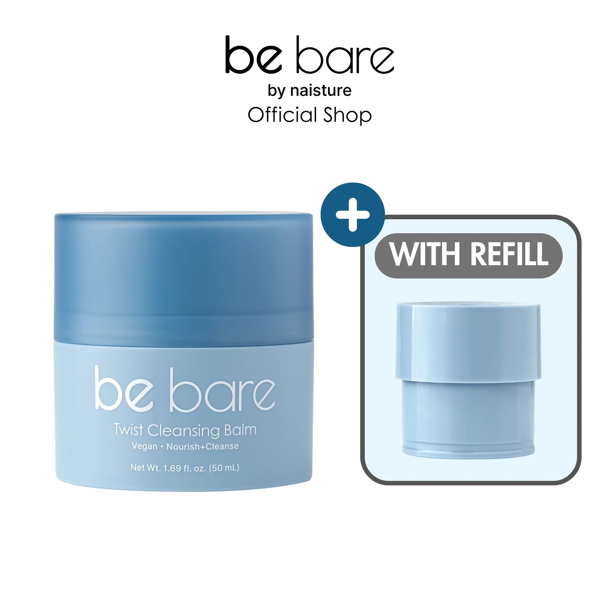 [be bare by Naisture] Double Twist Duo - Twist Cleansing Balm + Refill Pod Bundle | Vegan Nourishing Daily Pore Cleanser Waterproof Make Up Remover Blackhead Whitehead Facial Wash