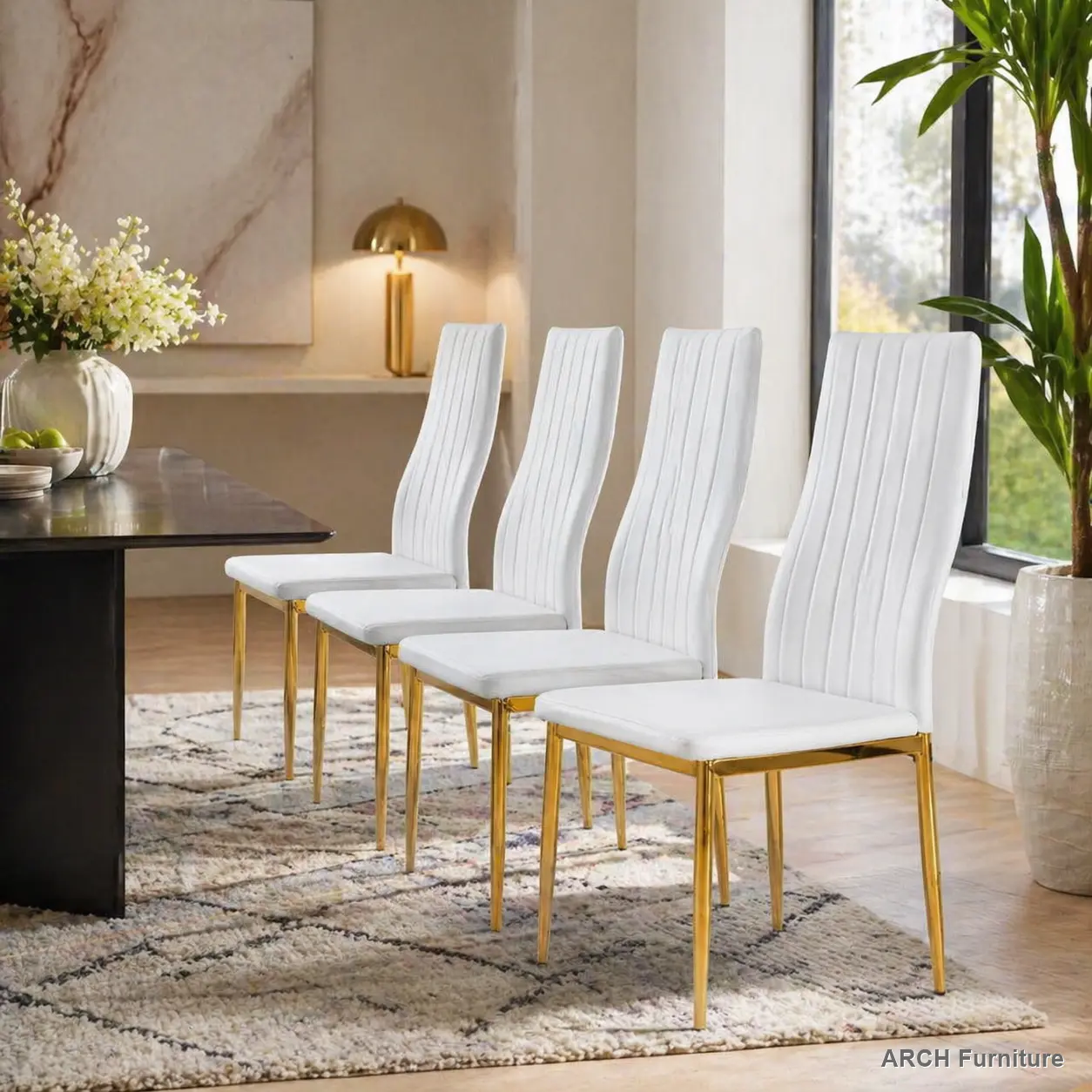 Indoor Arch 4-Seat Dining Room Chair Set, Golden Metal Frame, White Seats, Dining Room Chairs, 4-Seat Set Indoor Arch 4-Seat Dining Room Chair Set, Golden Metal Frame, White Seats, Dining Room Chairs, 4-Seat Set