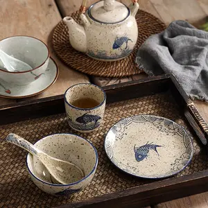 Japanese Style Hand-Painted Ceramic Dinnerware Set, 4pcs Include Plate Bowl Spoon Cup, Durable & Versatile, Dishwasher & Microwave Safe