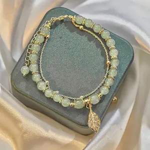 Jade Gold Leaf Bracelet - Double Layer Green Glass Bead and Gold Metal Chain - Classic EP Gift