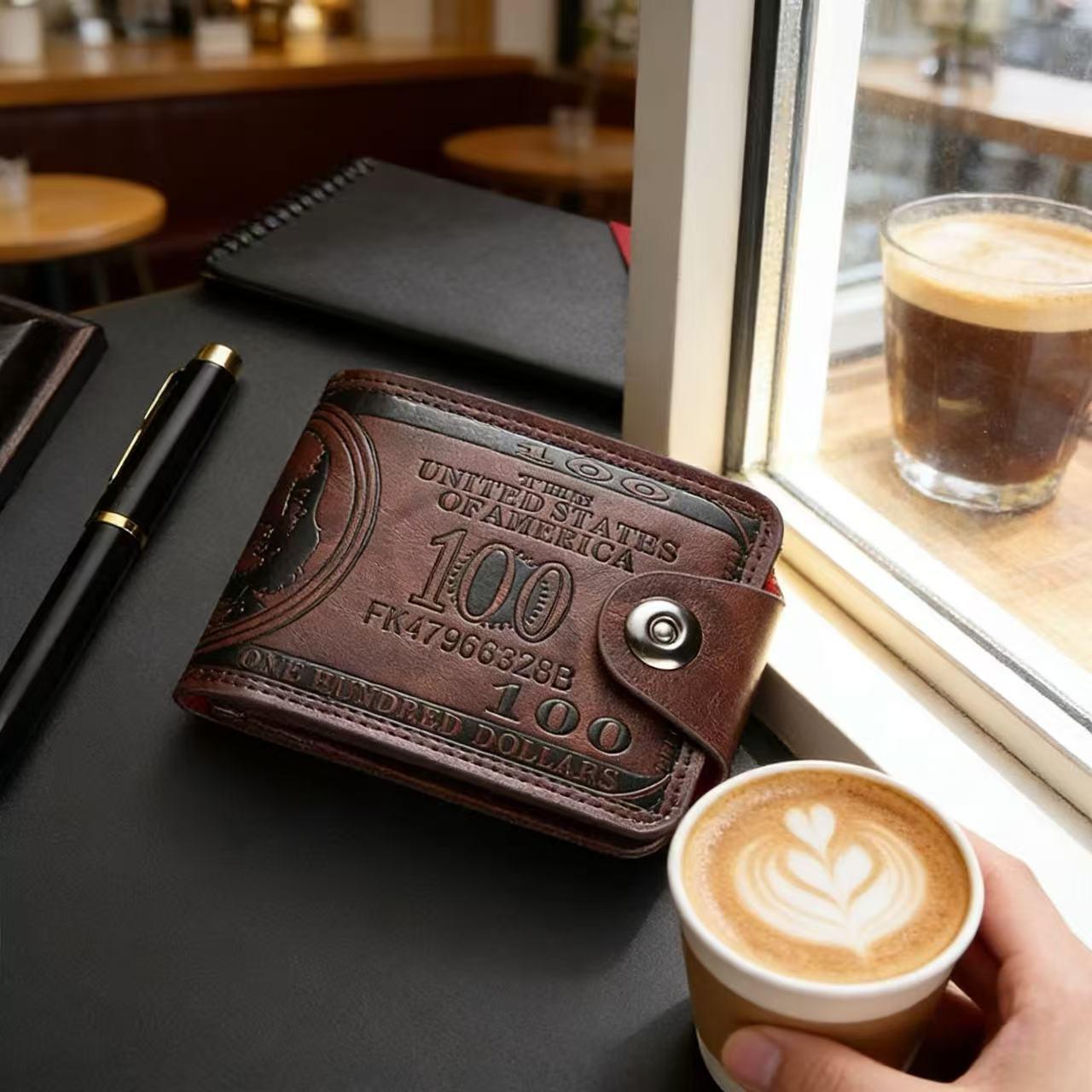 Wallet for Men Minimalist Us Dollar Bill Leather Wallet Credit Card Photo Holder Money Bifold Safe Purse With Magnetic Buckle(Dark brown)