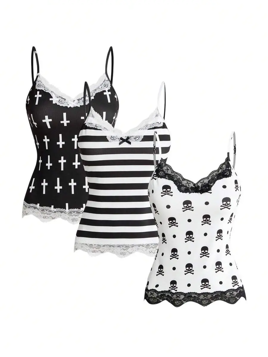 Goth Y2K Retro Music Note & Piano Keyboard Print Tight Lace Trim Camisole 3 Pieces Set