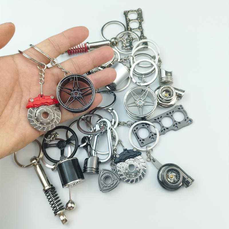 Car Enthusiast Keychain Set 10 Pieces Zinc Alloy Casual Style with Gear Shift Lever Turbo Wheel Hub Shock Absorbers Engine Parts Brake Discs Pistons Perfect Gift for Car Enthusiasts gifts for bestfriend