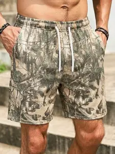 Men's Summer Fashion Knitted Leaf Print Shorts, Drawstring, Casual, Comfortable, Ideal for Vacation, Beach, Daily Wear, Street Style