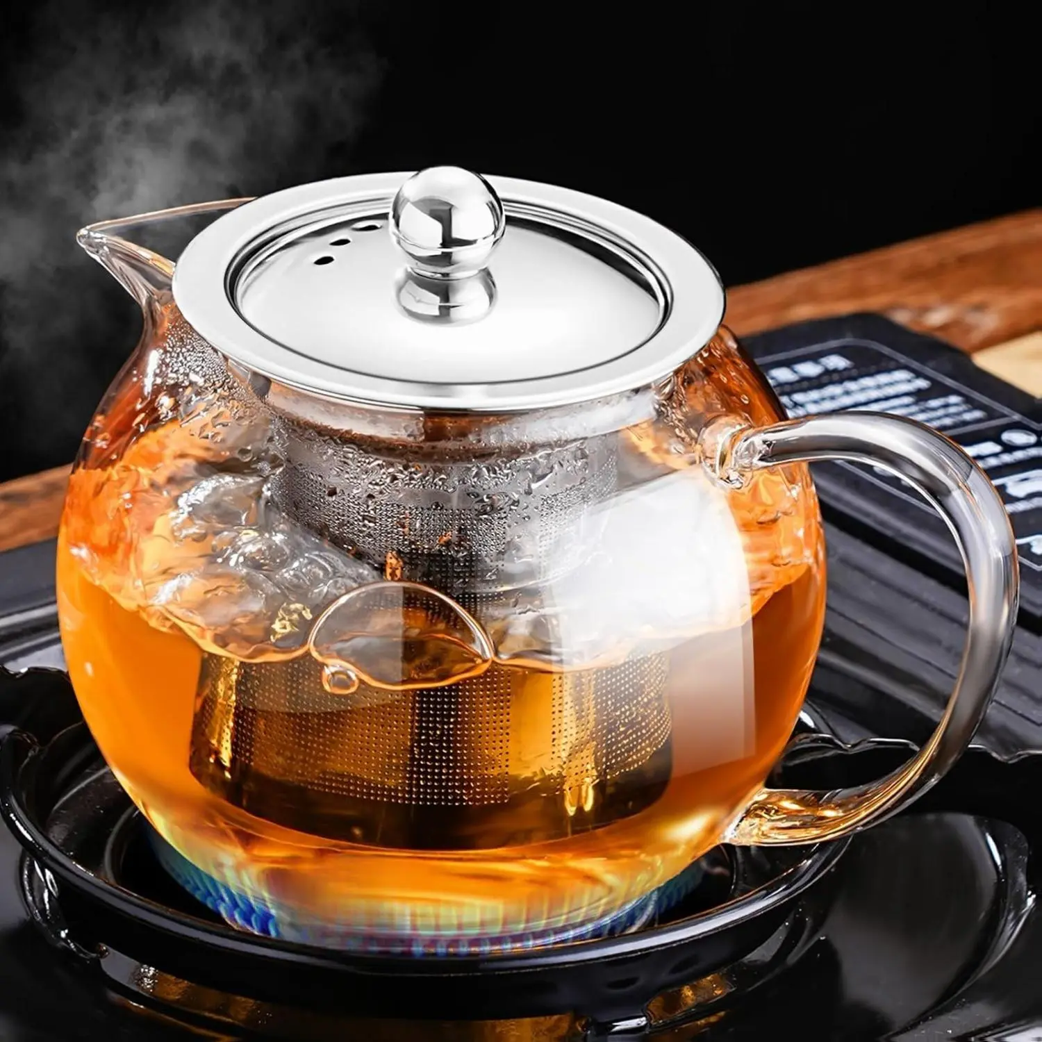 Glass Teapot Stovetop 22 OZ/650ml, Tea pot with Removable 18/8 Stainless Steel Infuser, Borosilicate Clear Tea Kettle, Teapot Blooming and Loose Leaf Tea Maker Tea Brewer for Camping, Travel