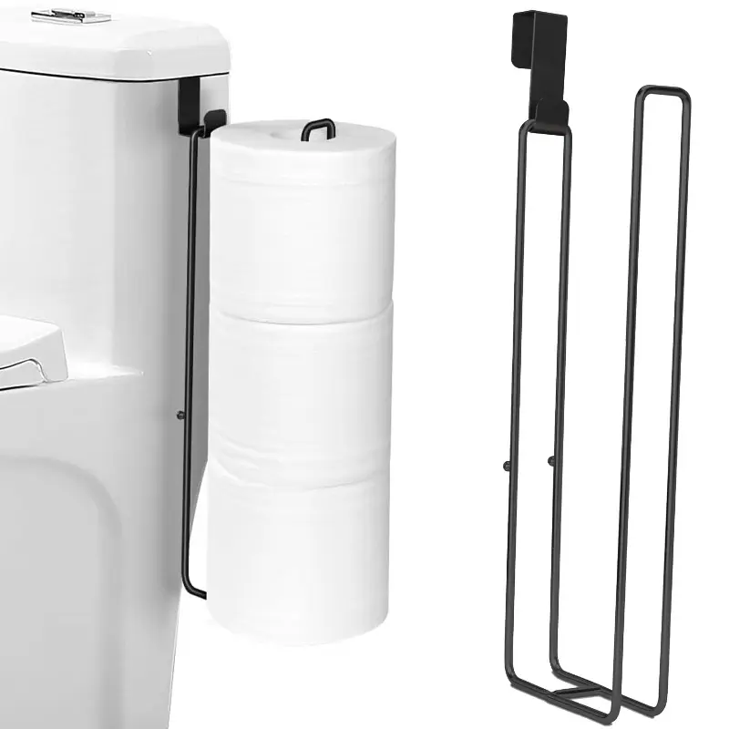 Self-Adhesive Toilet Paper Holder, Black Iron Bathroom Tissue Rack with Towel Bar, No-Drill Wall Mount for Kitchen