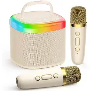 Mini Karaoke Machine for Kids, Portable Bluetooth Karaoke Speaker Unpowered Cabinets with 2 Wireless Microphones and Party Lights for Adults, Birthday Gifts for Girls Boys Family Home Party(Beige)