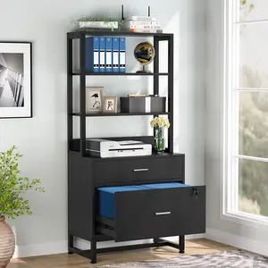 Tribesigns 2 Drawer File Cabinet With Lock in Black For Home Office - Vertical Design, Bookshelf & Printer Stand