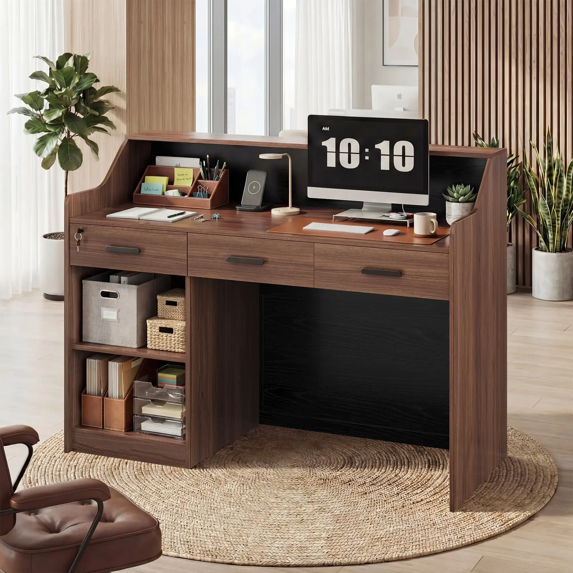 SIKAIC 47" Reception Desk with Lockable Drawer, Modern Office Reception Counter Table Brown SIKAIC 47" Reception Desk with Lockable Drawer, Modern Office Reception Counter Table Brown