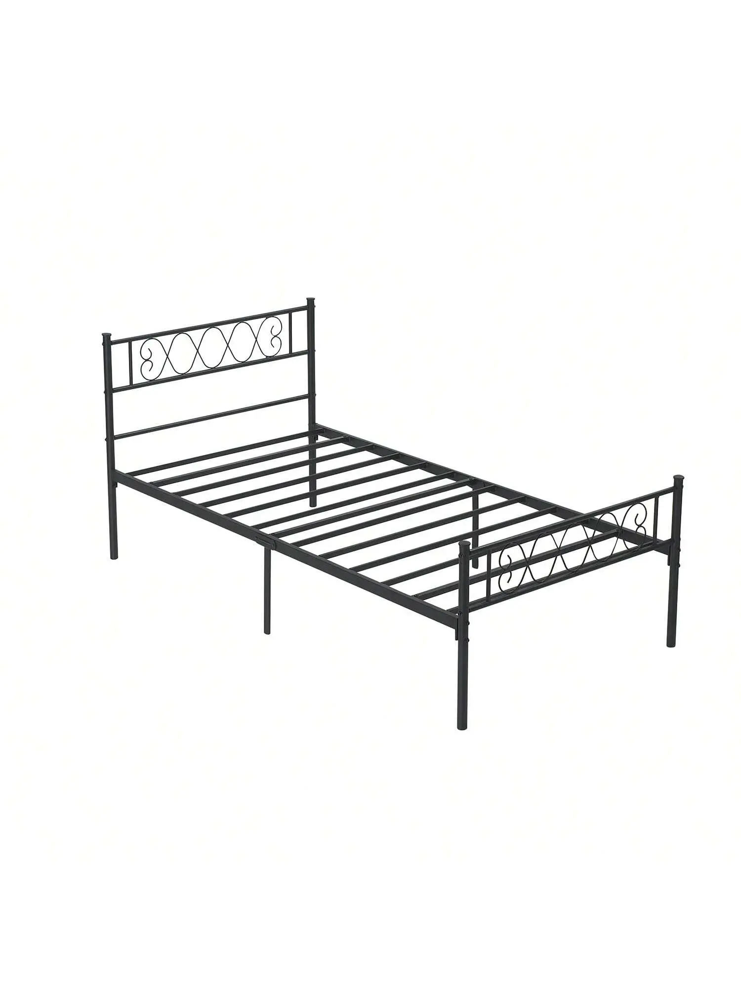 Twin Size Sturdy Durable Metal Platform Storage Bed Frame with Headboard & Footboard, Black Iron-Art Design, Curved Silhouette, Heart-Shaped Patterns, 12.2in Height, Metal Tubing, No Box Spring Needed, Under Bed Storage, Silent, Assembly Required, Hearts,