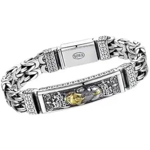 Men's S925 Sterling Silver Feng Shui Pixiu Bracelet, Retro Oxidized Byzantine Peace Link Chain, 18K Gold Vermeil Piyao Coin Amulet Good Luck Wealth Protection Bangle Jewelry