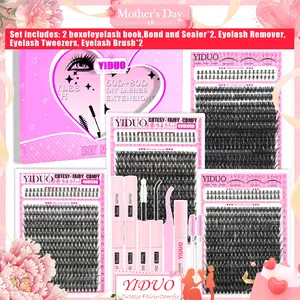 YIDUO 2 Box Eyelash Book Kit 2 Pcs Bond and Seal Included, 1120 Pcs Eyelash Extension Set Kit 40D+50D+60D+Bottom Lash Clusters D Curvature Individual False Eyelashes With Remover & Tweezers, Diy Lash Extension, Perfect for Beginners