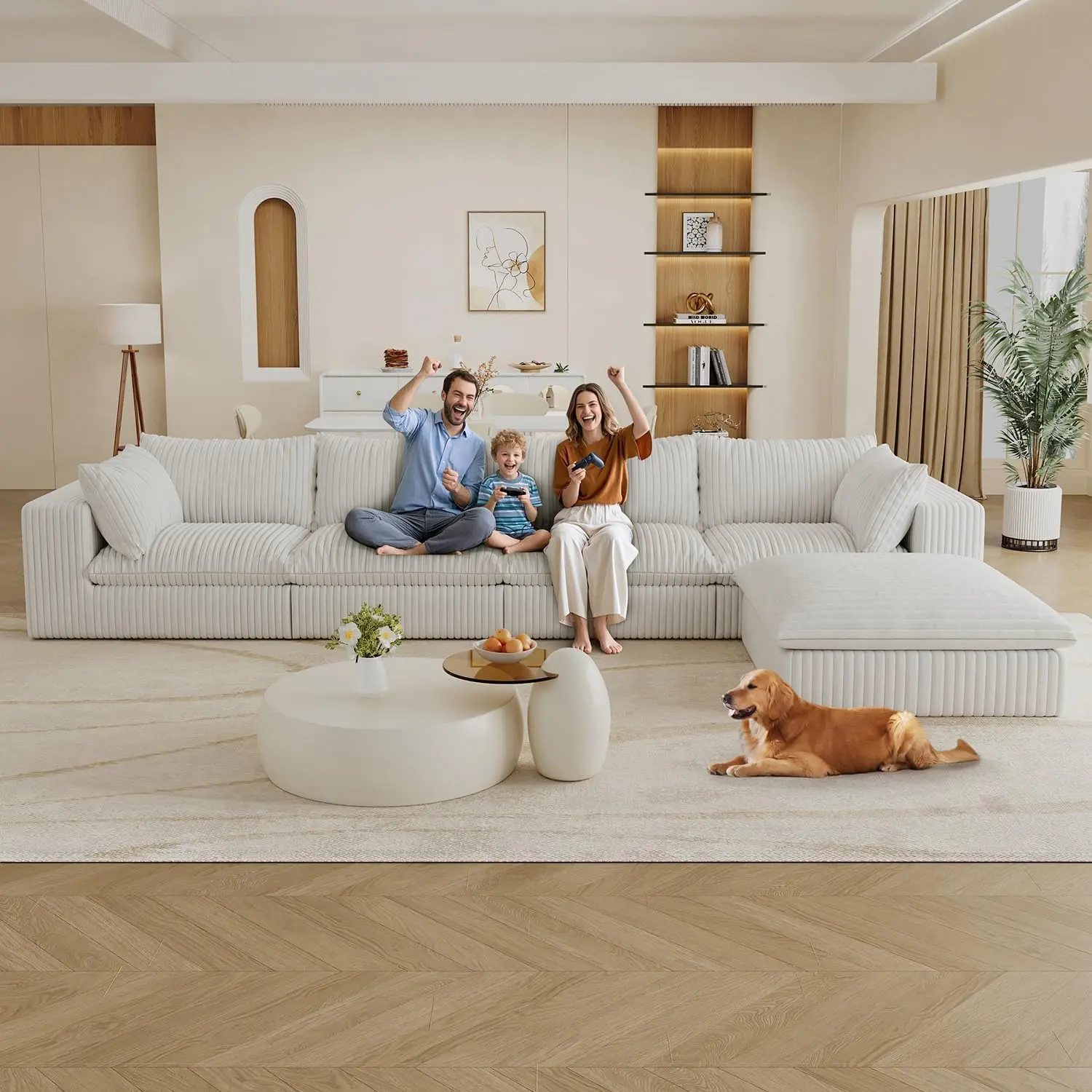Corduroy Boneless Sofa Couch with Ottoman, Thick Cushion & Memory Foam, L Shape Flexible Modular Sectional Couches,158" W Cozy Cloud Fluffy Sofa for Living Room, Breathable Material, Oversized, Fluffy, Throw Pillows, No Assembly Required
