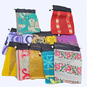 Tibetan Handmade Crystal Jewelry Pouch 5x3.75 Drawstring Gift Bag for Gemstones Herbs or Sacred Medicine Random Color Pattern Organiser